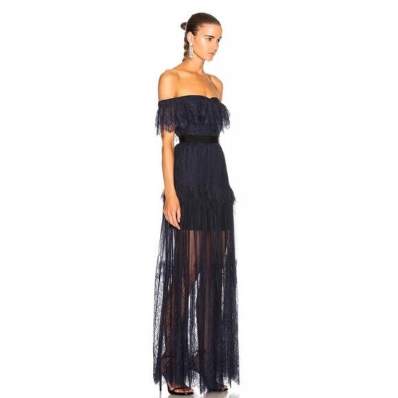 SELF PORTRAIT Women’s Navy Blue Lace On/Off the Shoulder Maxi Dress